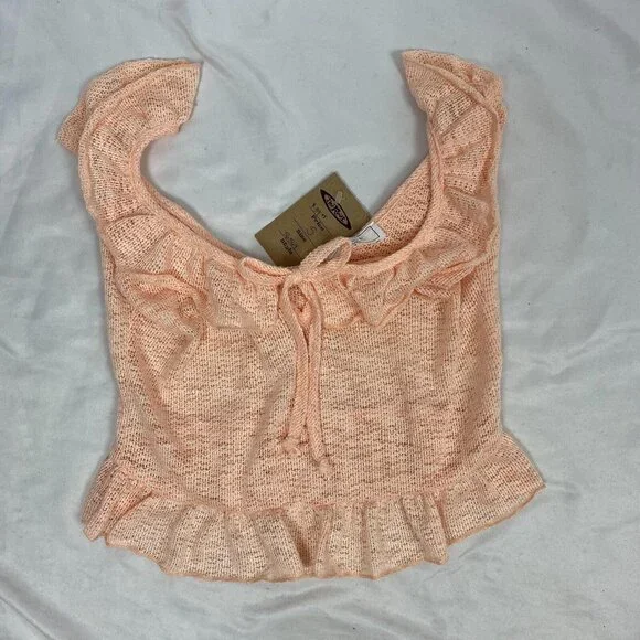 Sage The Label NWT Size S Crochet Cropped Blouse V-Neck Ruffle Pink Cottagecore - Picture 1 of 5